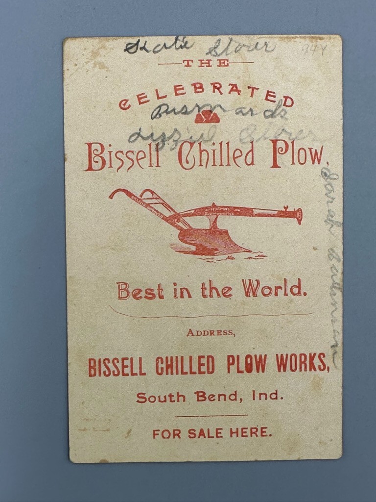 1880s BISSELL PLOW WORK Advertise FARM Trade Cards SOUTH BEND Indiana BANK BUST