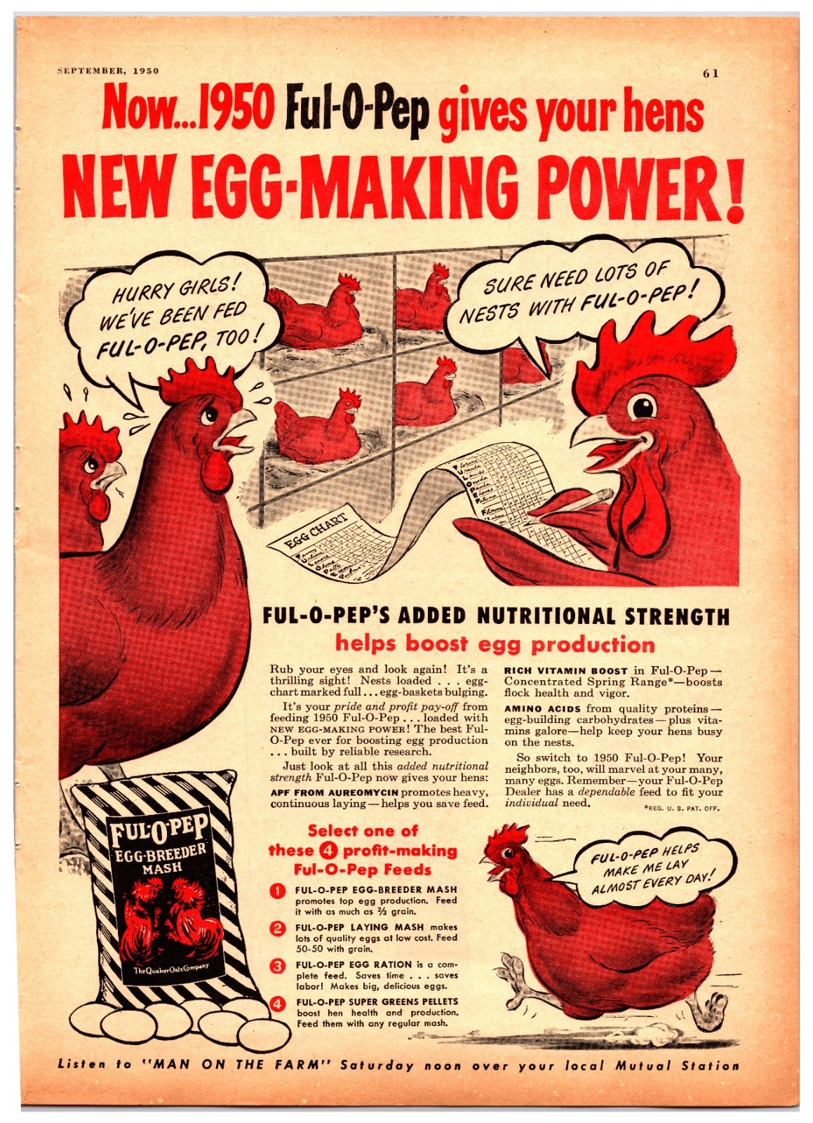 Vintage Original 1950 Ful-O-Pep Chicken Feed Print Ad (8in x 11in) Advertisement