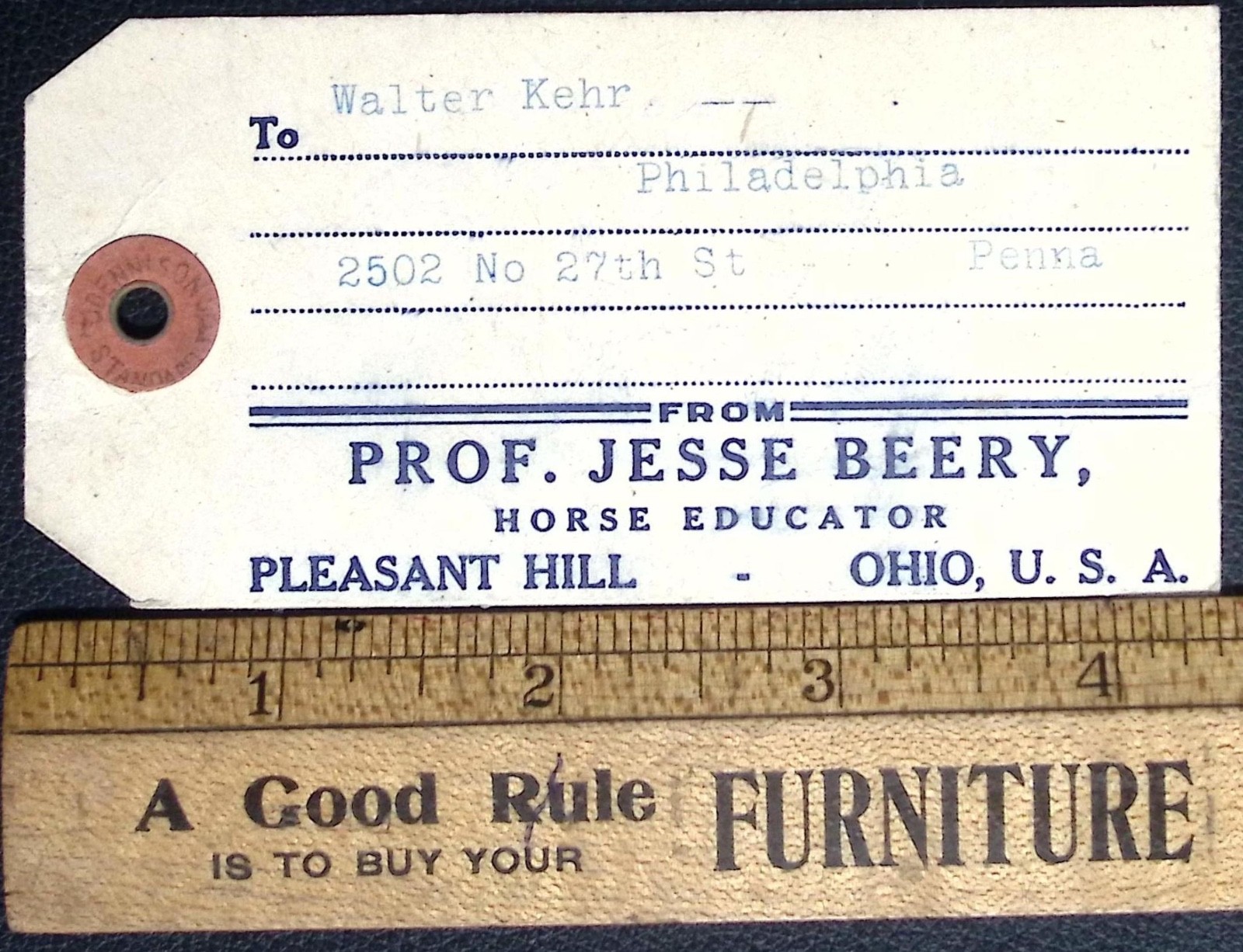 Vintage Prof Jesse Beery Horse Educator Dennison Shipping Tag Pleasant Hill OH