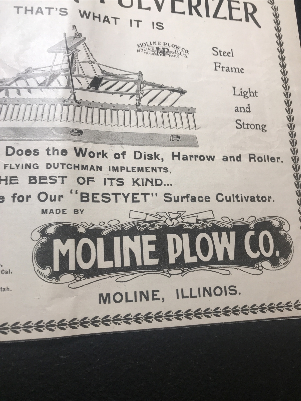 ORIGINAL 1900 Moline Plow Co. Farm Advertising – Moline – Illinois