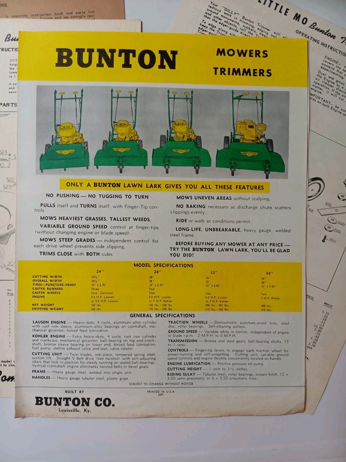 4 Bunton Lawn & Garden Mowers Brochure Lawn LARK Yellow & Green