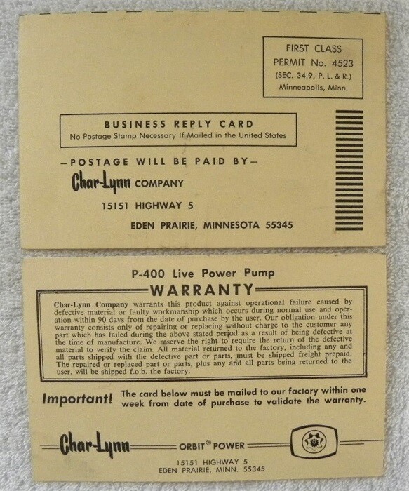 Vintage Char-Lynn Farm Hydraulic Power Pump Warranty Postcard