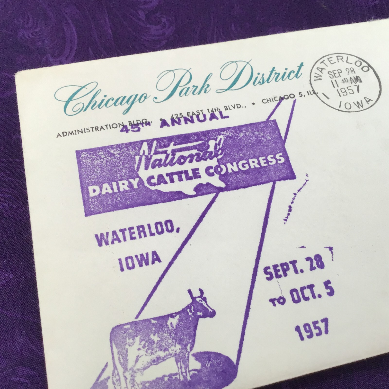 National Dairy Cattle Congress, 1957 Waterloo Cancel & Brochure, Chicago Park