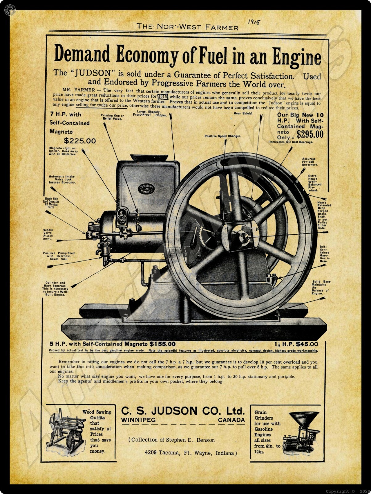 C.S. Judson Gas Engines New Metal Sign: 5HP Picture, Specs – Winnipeg, Canada