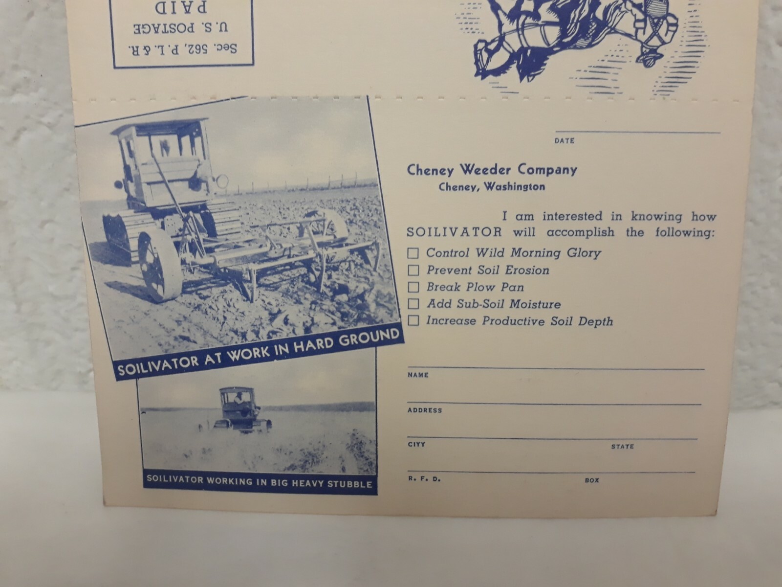 NOS Vintage Cheney Weeder Co. Soilivator farm implement double postcard, color