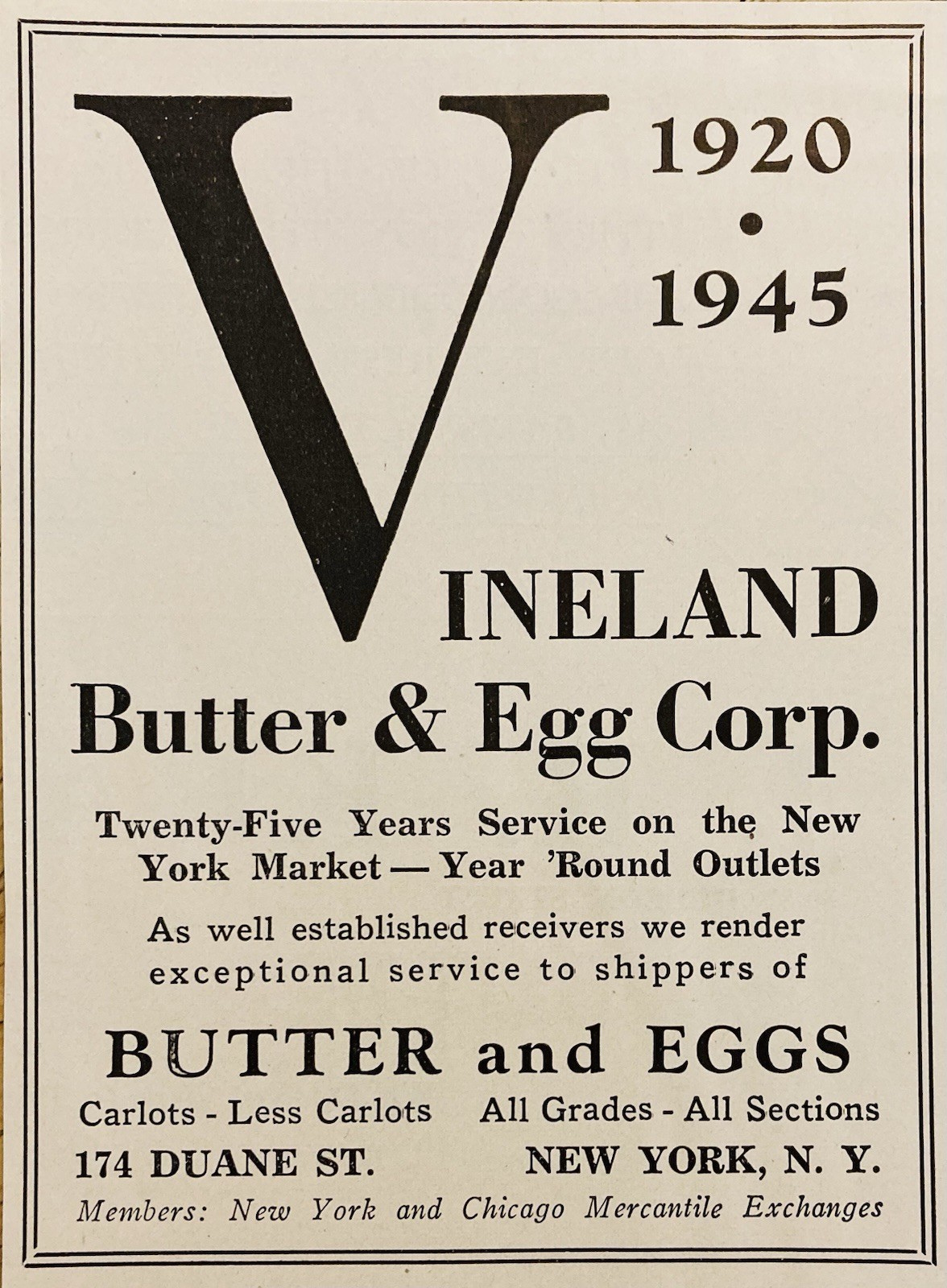 1946 AD.(XH85)~VINELAND BUTTER & EGG CO. DUANE ST. NYC. BUTTER & EGGS DEALER