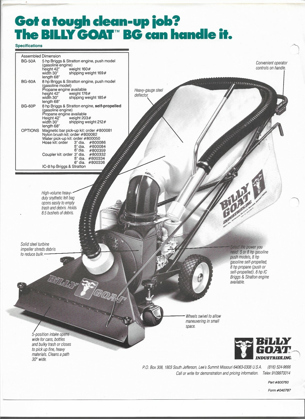 Original Billy Goat BG50A BG60A BG60P Industrial Vacuums Sales Brochure # 040787
