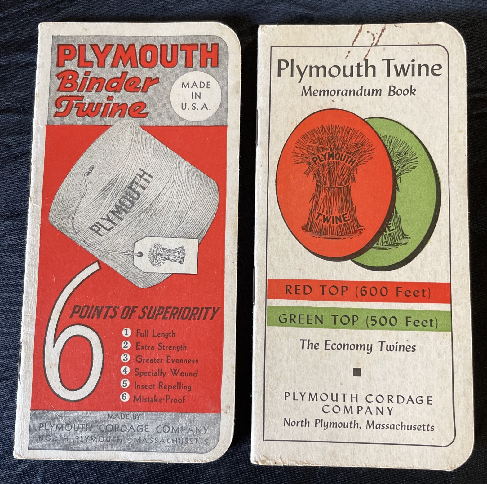 Set Of 2: 1938/39 & 1940/41 Plymouth Binder Twine Cordage Co. Pocket Note Books