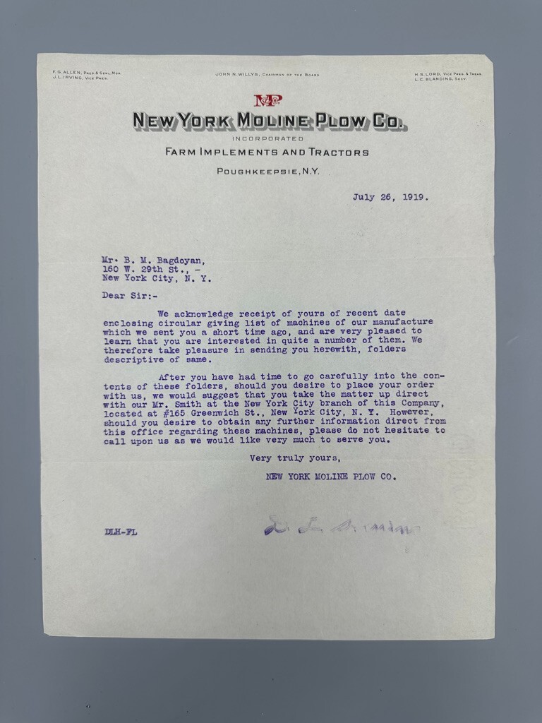 1919 NEW YORK MOLINE PLOW Co FARM Advertising Letter & Envelope