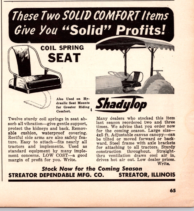 1947 Print Ad Streator Dependable Streator IL Tractor Coil Spring Seat ShadyTop