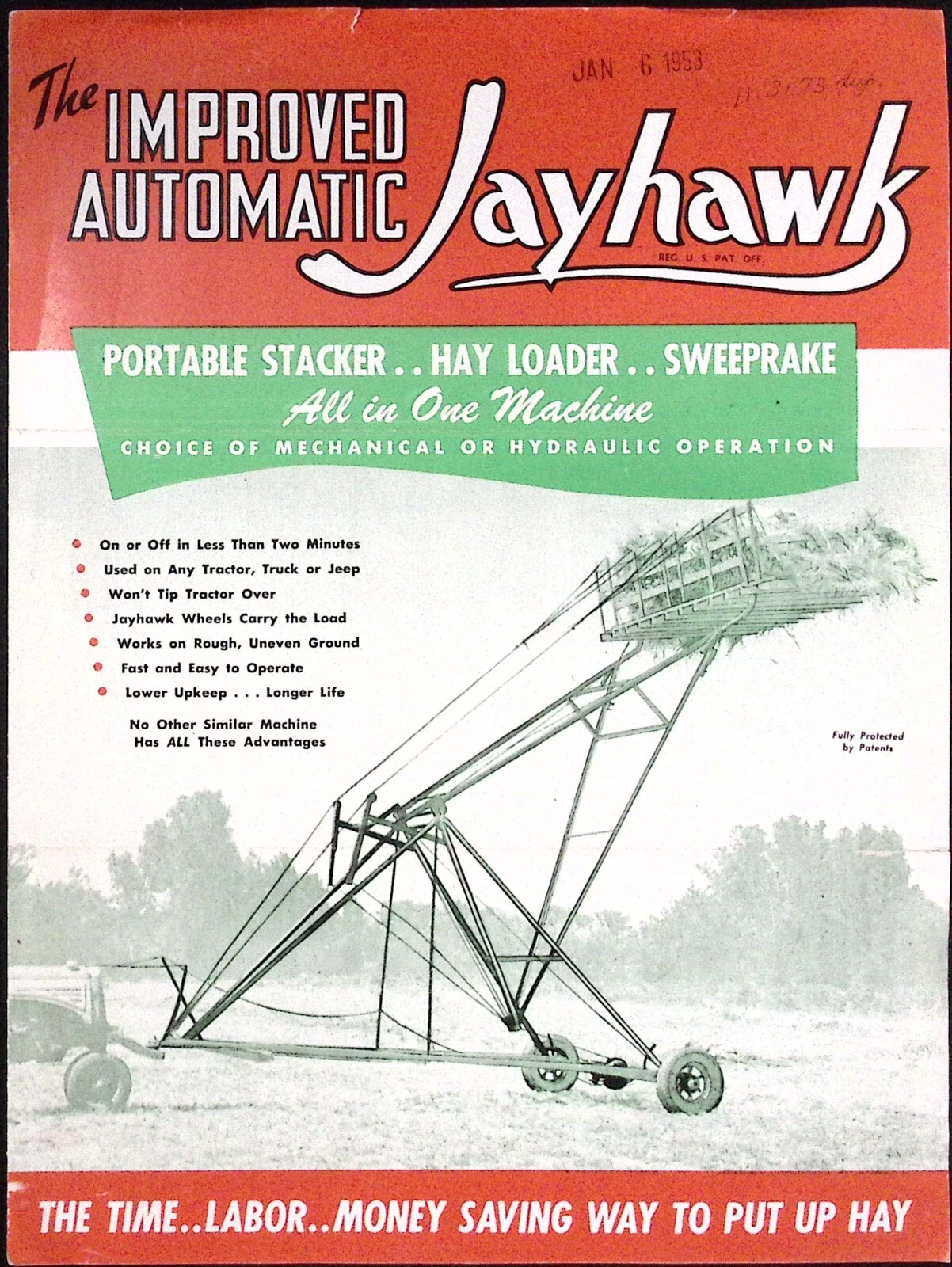 1953 Wyatt Mfg Co Improved Automatic Jayhawk Stacker Loader Sweeprake Brochure