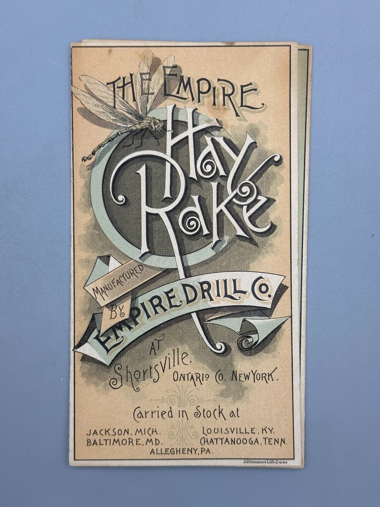 1880s EMPIRE DRILL Hay Rake FARM Advertising Folding Trade Card SHORTSVILLE NY