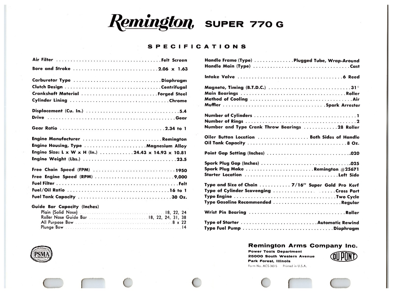 Vintage Original Remington Chainsaws Sales Sheet (Model Super 770 G) Info Sheet