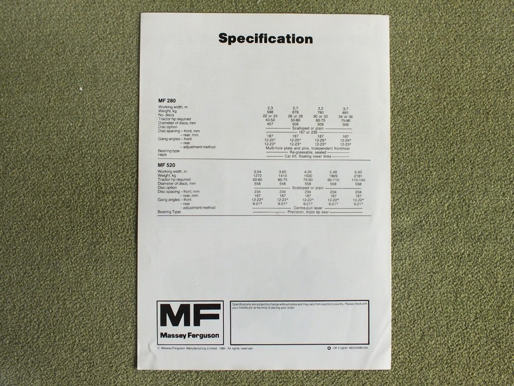 MASSEY FERGUSON 280/520 Discs Harrow Tractor Farm Equipment Brochure 1985