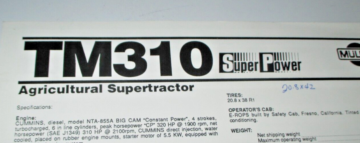 Muller TM310 Agricultural Supertractor Tractor Sales Brochure Spec Sheet OEM!