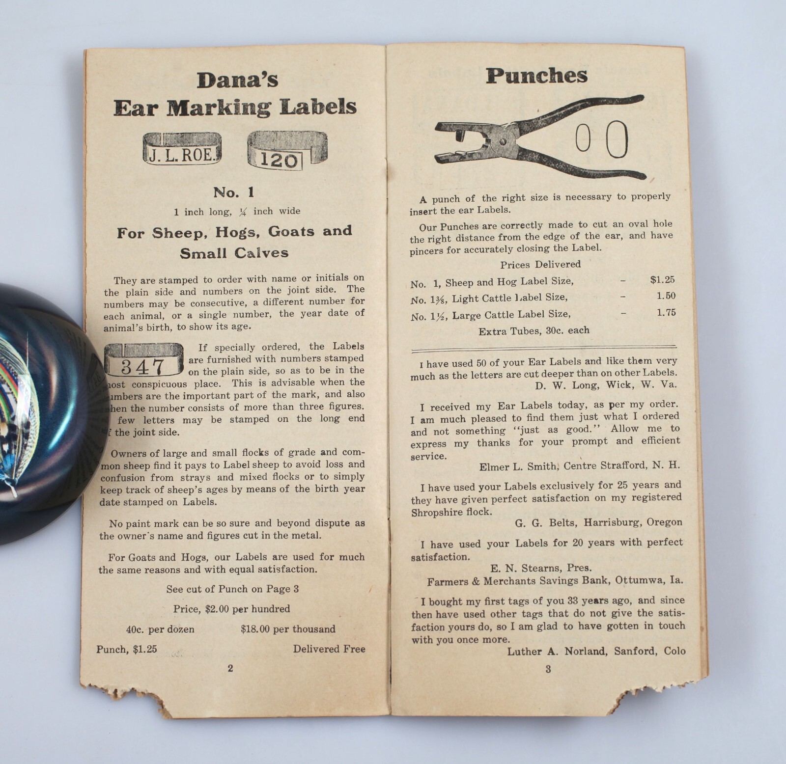 Vintage C.H. Dana Breeders Memorandum Catalog Stock Supplies Cattle Tags c. 1900